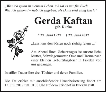 Traueranzeige von Gerda Kaftan (geb. Kunka)  von Magdeburger Volksstimme