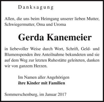 Traueranzeige von Gerda Kanemeier  von Magdeburger Volksstimme