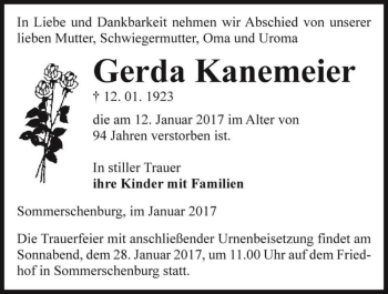 Traueranzeige von Gerda Kanemeier  von Magdeburger Volksstimme