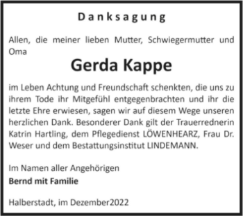 Traueranzeige von Gerda Kappe  von Magdeburger Volksstimme
