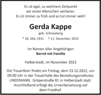 Traueranzeige von Gerda Kappe (geb. Schneeberg)  von Magdeburger Volksstimme