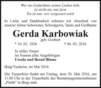 Traueranzeige von Gerda Karbowiak (geb. Grobert)  von Magdeburger Volksstimme