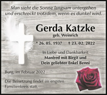 Traueranzeige von Gerda Katzke (geb. Weinrich)  von Magdeburger Volksstimme