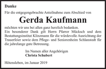 Traueranzeige von Gerda Kaufmann  von Magdeburger Volksstimme