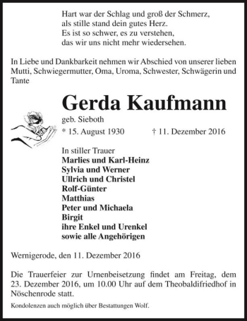 Traueranzeige von Gerda Kaufmann (geb. Sieboth)  von Magdeburger Volksstimme