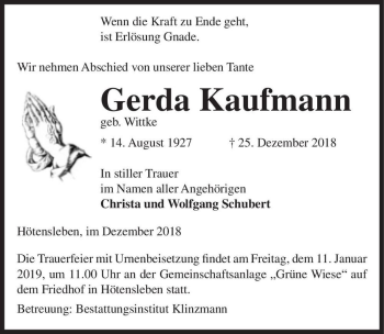 Traueranzeige von Gerda Kaufmann (geb. Wittke)  von Magdeburger Volksstimme