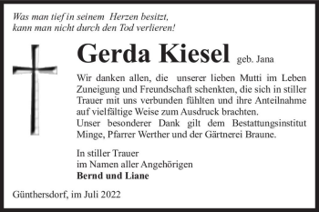 Traueranzeige von Gerda Kiesel (geb. Jana)  von Magdeburger Volksstimme