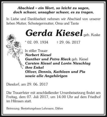 Traueranzeige von Gerda Kiesel (geb. Kuske)  von Magdeburger Volksstimme