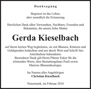 Traueranzeige von Gerda Kieselbach  von Magdeburger Volksstimme