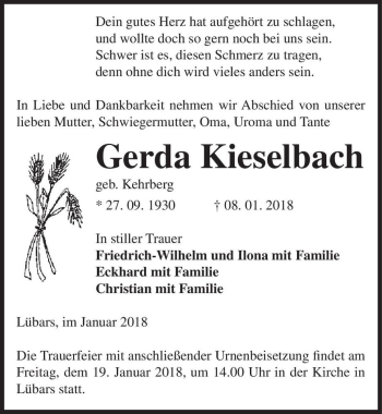 Traueranzeige von Gerda Kieselbach (geb. Kehrberg)  von Magdeburger Volksstimme