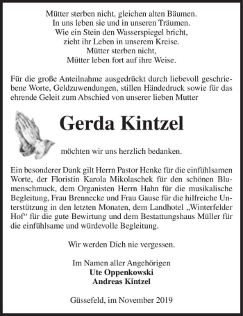Traueranzeige von Gerda Kintzel  von Magdeburger Volksstimme