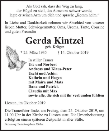 Traueranzeige von Gerda Kintzel (geb. Krüger)  von Magdeburger Volksstimme