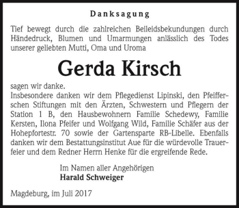 Traueranzeige von Gerda Kirsch  von Magdeburger Volksstimme