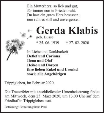 Traueranzeige von Gerda Klabis (geb. Busse)  von Magdeburger Volksstimme
