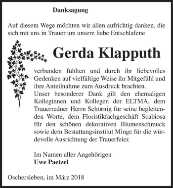 Traueranzeige von Gerda Klapputh  von Magdeburger Volksstimme