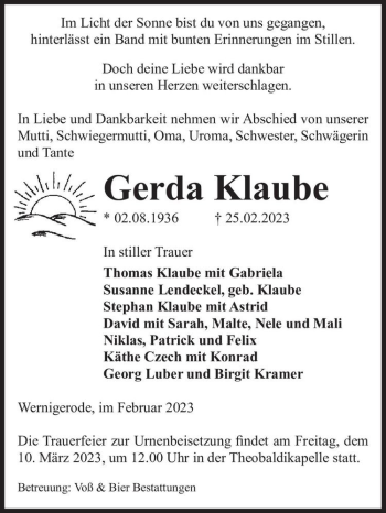 Traueranzeige von Gerda Klaube  von Magdeburger Volksstimme