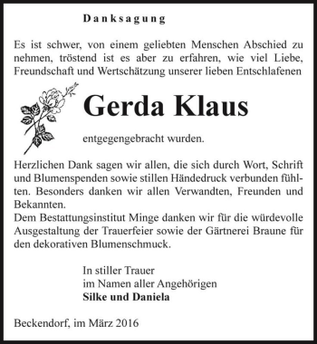Traueranzeige von Gerda Klaus  von Magdeburger Volksstimme