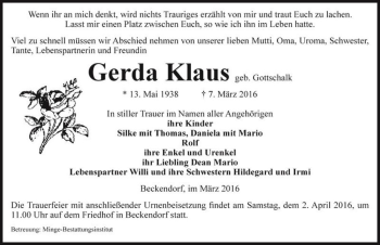 Traueranzeige von Gerda Klaus (geb. Gottschalk)  von Magdeburger Volksstimme