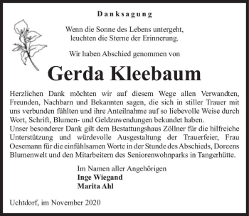 Traueranzeige von Gerda Kleebaum  von Magdeburger Volksstimme