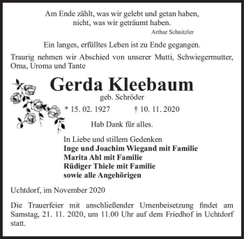 Traueranzeige von Gerda Kleebaum (geb. Schröder)  von Magdeburger Volksstimme
