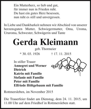 Traueranzeige von Gerda Kleimann (geb. Thormeier)  von Magdeburger Volksstimme