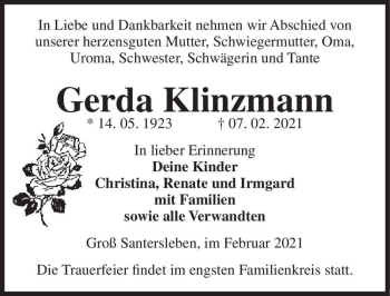 Traueranzeige von Gerda Klinzmann  von Magdeburger Volksstimme