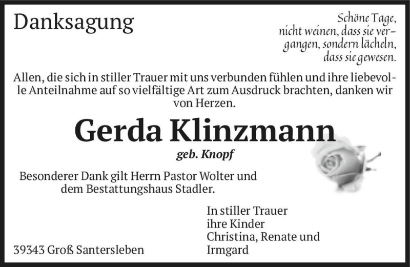  Traueranzeige für Gerda Klinzmann (geb. Knopf)  vom 13.03.2021 aus Magdeburger Volksstimme