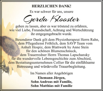 Traueranzeige von Gerda Klooster  von Magdeburger Volksstimme