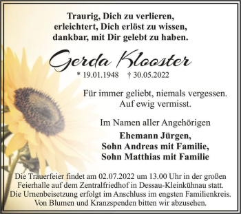 Traueranzeige von Gerda Klooster  von Magdeburger Volksstimme