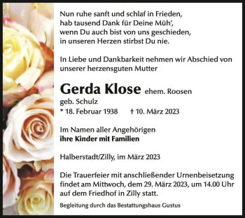 Traueranzeige von Gerda Klose (ehem. Roosen, geb. Schulz)  von Magdeburger Volksstimme
