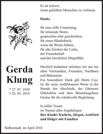 Traueranzeige von Gerda Klung  von Magdeburger Volksstimme