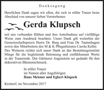 Traueranzeige von Gerda Klupsch  von Magdeburger Volksstimme