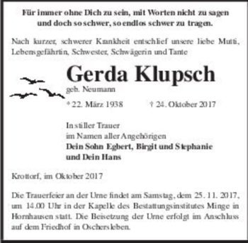 Traueranzeige von Gerda Klupsch (geb. Neumann)  von Magdeburger Volksstimme