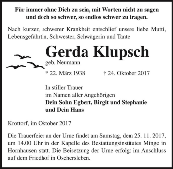 Traueranzeige von Gerda Klupsch (geb. Neumann)  von Magdeburger Volksstimme