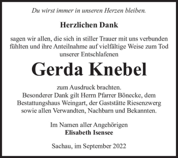 Traueranzeige von Gerda Knebel  von Magdeburger Volksstimme