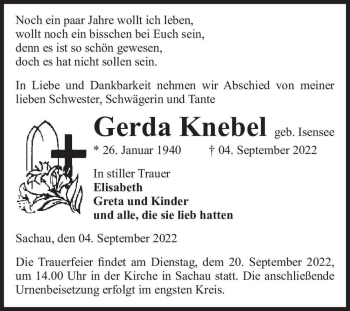 Traueranzeige von Gerda Knebel (geb. Isensee)  von Magdeburger Volksstimme