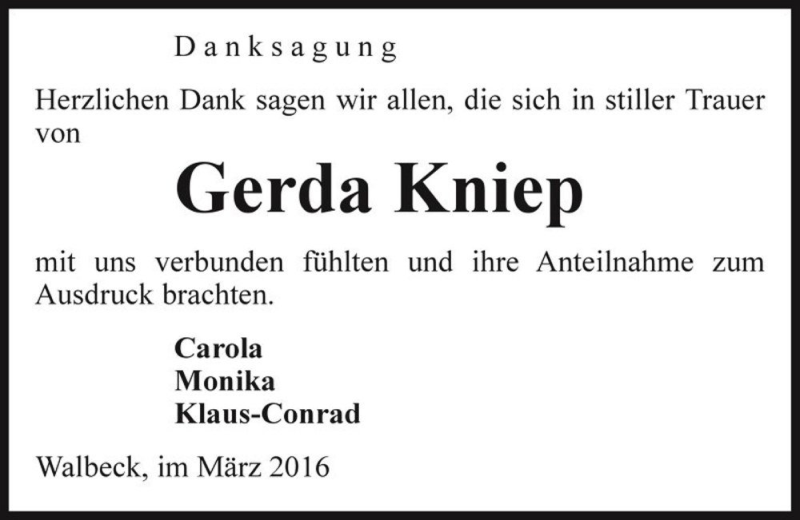 Traueranzeige für Gerda Kniep  vom 01.04.2016 aus Magdeburger Volksstimme