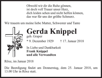 Traueranzeige von Gerda Knippel (geb. Graper)  von Magdeburger Volksstimme