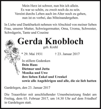 Traueranzeige von Gerda Knobloch (geb. Krehl)  von Magdeburger Volksstimme