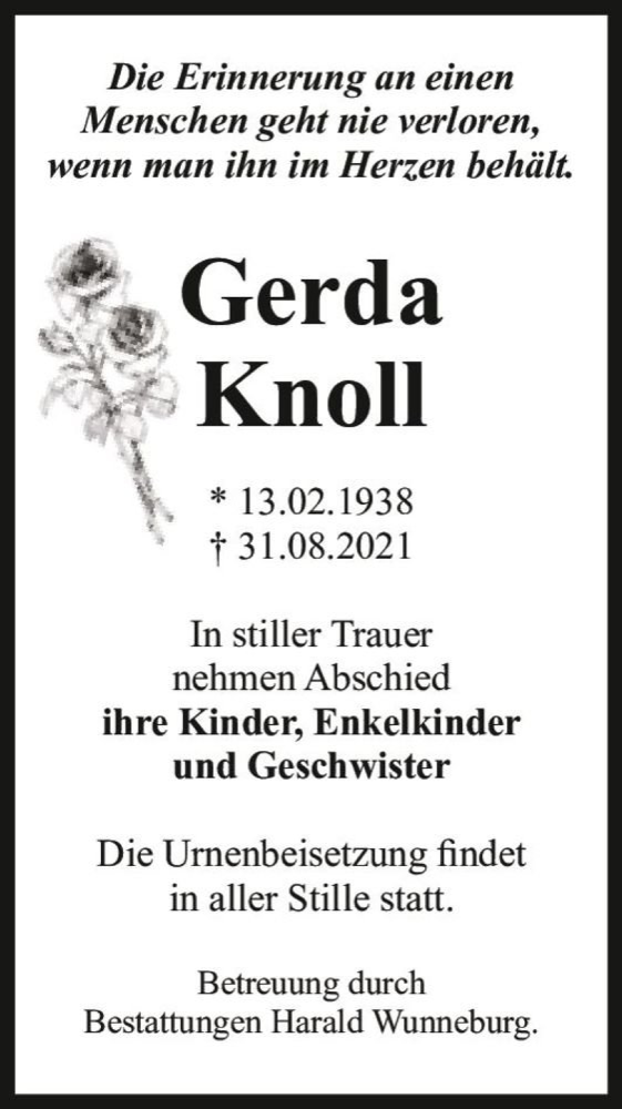  Traueranzeige für Gerda Knoll  vom 11.09.2021 aus Magdeburger Volksstimme