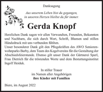 Traueranzeige von Gerda Knopf  von Magdeburger Volksstimme