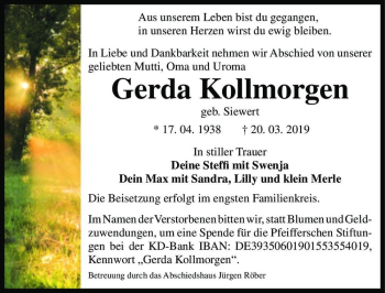 Traueranzeige von Gerda Kollmorgen (geb. Siewert)  von Magdeburger Volksstimme