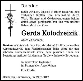 Traueranzeige von Gerda Kolodzeizik  von Magdeburger Volksstimme