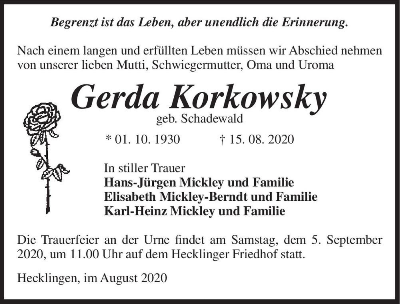  Traueranzeige für Gerda Korkowsky (geb. Schadewald)  vom 22.08.2020 aus Magdeburger Volksstimme