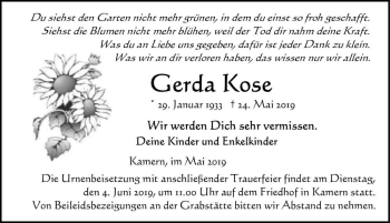 Traueranzeige von Gerda Kose  von Magdeburger Volksstimme