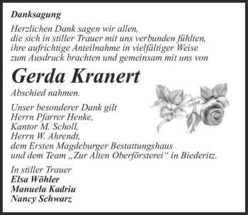 Traueranzeige von Gerda Kranert  von Magdeburger Volksstimme