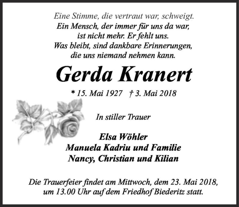  Traueranzeige für Gerda Kranert  vom 12.05.2018 aus Magdeburger Volksstimme