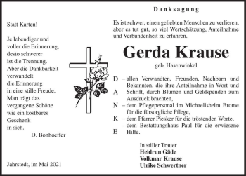 Traueranzeige von Gerda Krause (geb. Hasenwinkel)  von Magdeburger Volksstimme