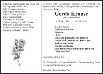 Traueranzeige von Gerda Krause (geb. Hasenwinkel)  von Magdeburger Volksstimme