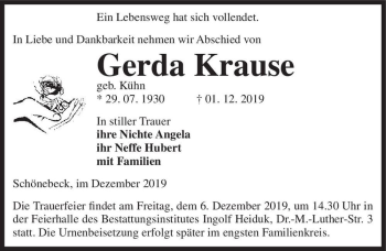 Traueranzeige von Gerda Krause (geb. Kühn)  von Magdeburger Volksstimme